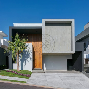 Porta com estrutura de aço no interior com revestimento de madeira maciça ripado na vertical