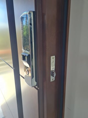 Porta pivotante em ACM aço corten com frisos horizontais, puxador cava e dupla vedação - Imagem 14