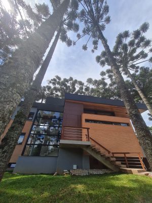 Porta pivotante em ACM aço corten com frisos horizontais, puxador cava e dupla vedação - Imagem 9