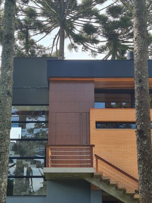 Porta pivotante em ACM aço corten com frisos horizontais, puxador cava e dupla vedação - Imagem 8